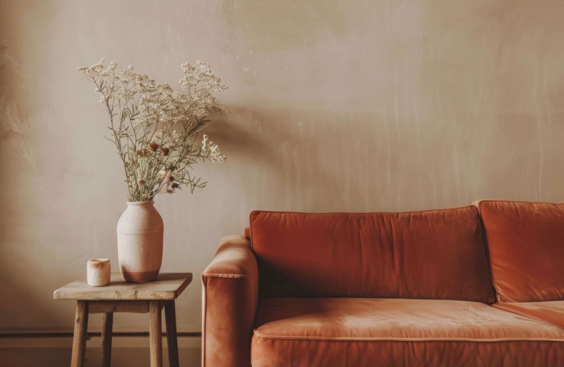 Salón reformado con pared en estuco, sofá de terciopelo terracota y mesa auxiliar con flores secas